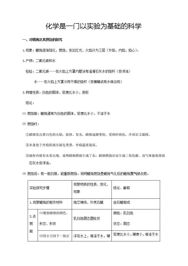 人教版初三化学（上）第2讲：化学是一门以实验为基础的科学（教师版） 教案01