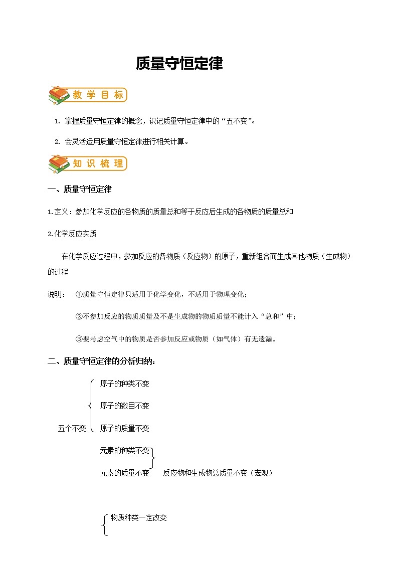 人教版初三化学（上）第13讲：质量守恒定律（学生版） 试卷01