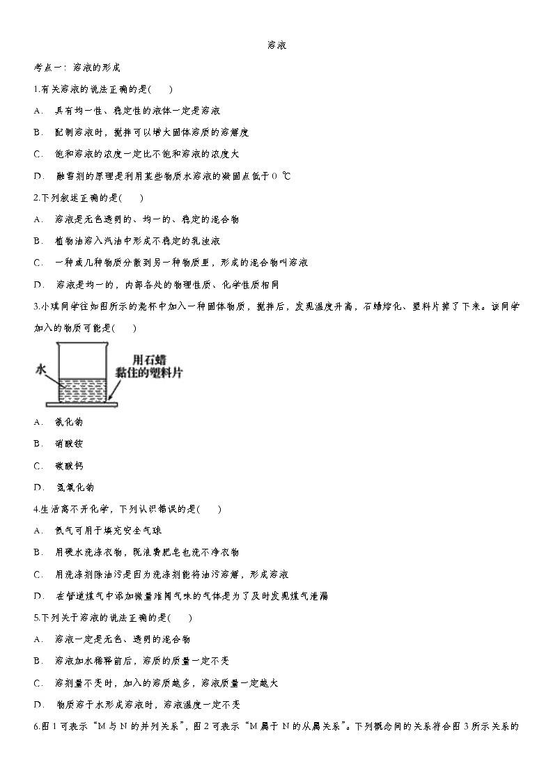 2020届九年级中考化学一轮复习基础考点练习卷：溶液第1页