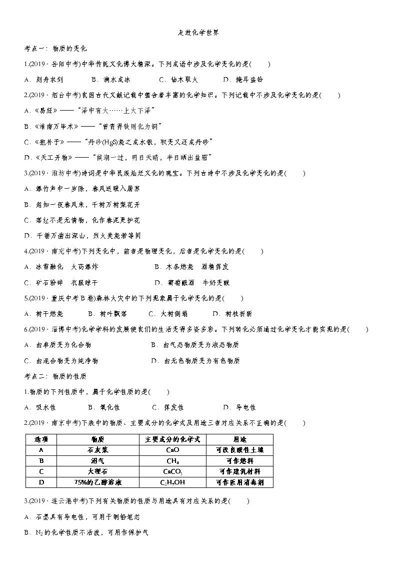 2020届九年级中考化学一轮复习考点基础练习卷：走进化学世界第1页