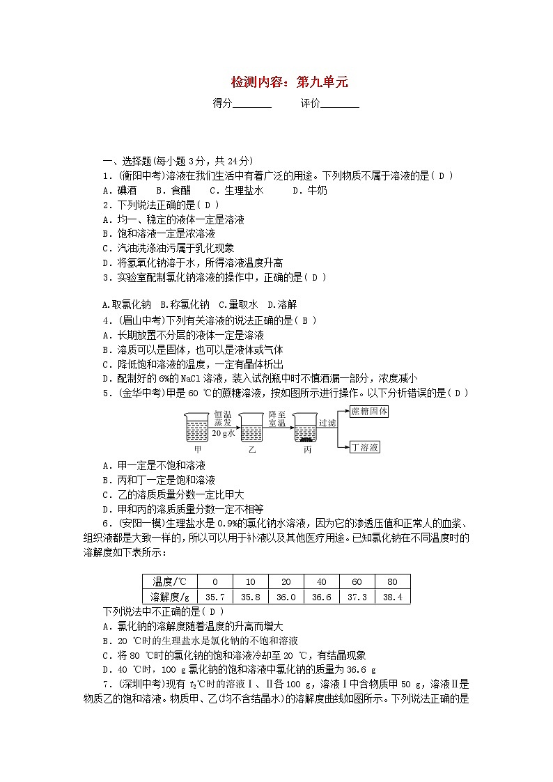 九年级化学下册周周清检测内容：第九单元溶液新版新人教版01