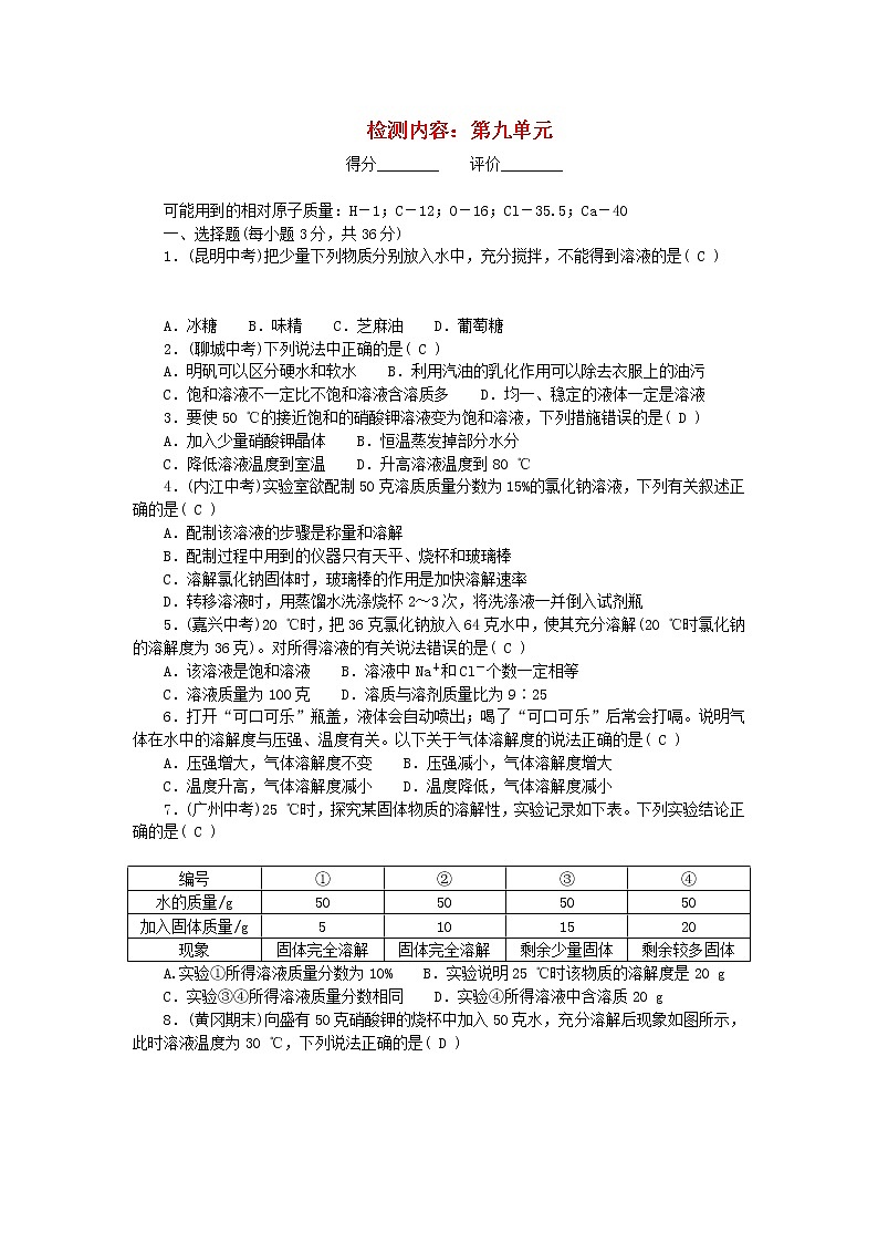 九年级化学下册单元清检测内容：第九单元溶液新版新人教版01