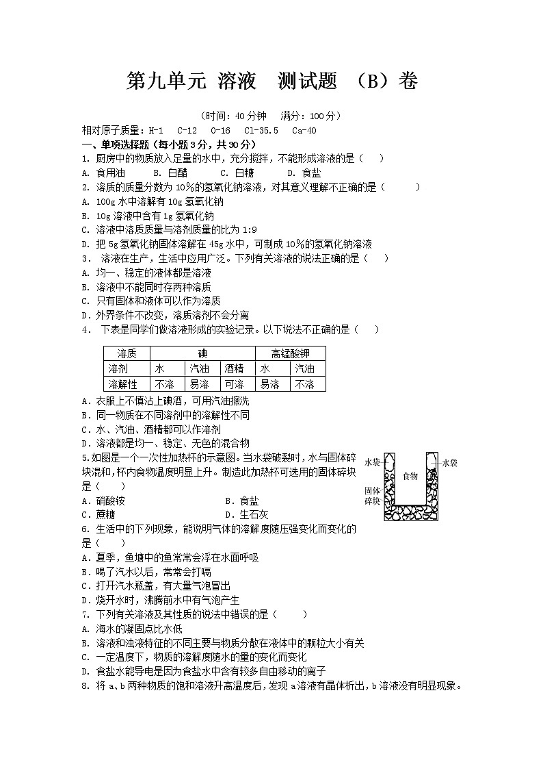 人教版九年级化学下册第九单元 溶液  单元测试题（B卷）含答案01