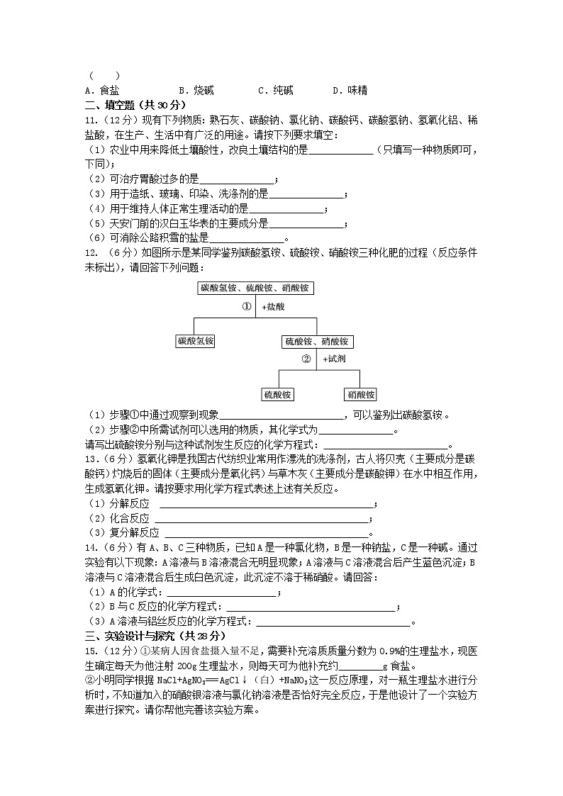人教版九年级下化学第十一单元  盐 化肥 单元测试题（A卷）含答案02