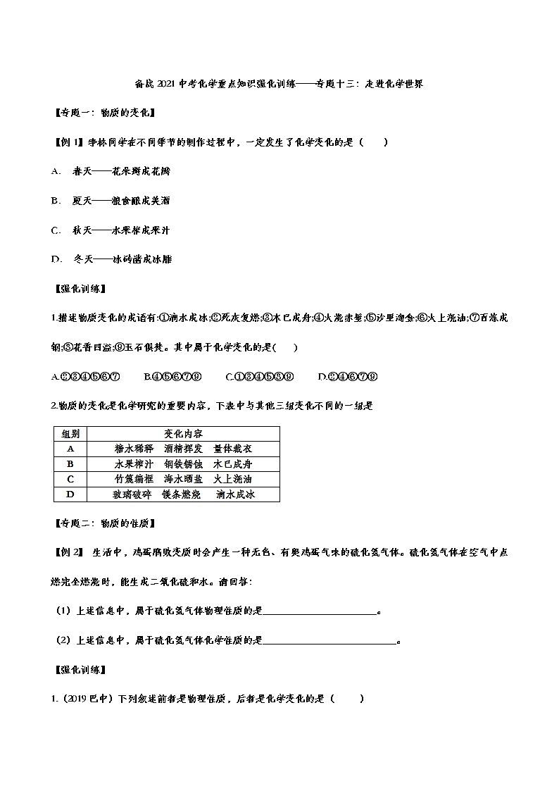 备战2021中考化学重点知识强化训练 专题十三 走进化学世界01