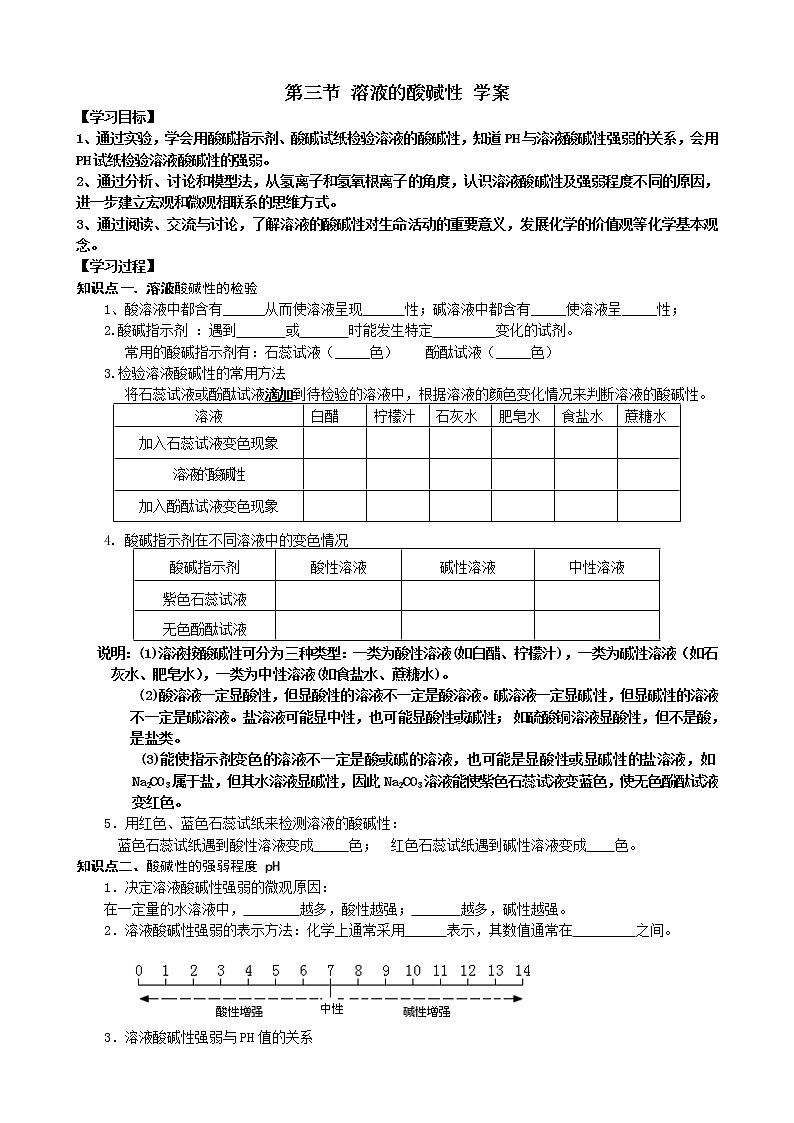 鲁教版九年级化学下册导学案：7.3 溶液的酸碱性01