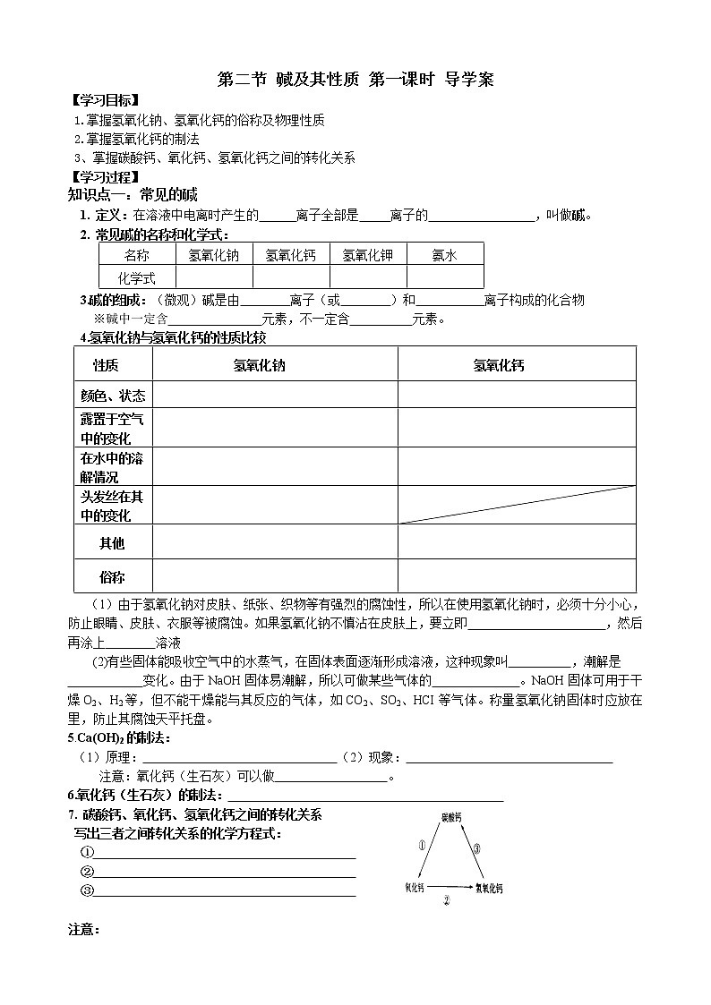 鲁教版九年级化学下册导学案：7.2 碱及其性质 第一课时01