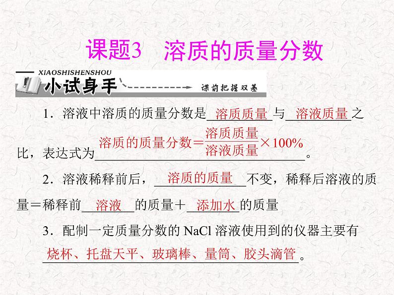 【精品课件】人教版九年级下册化学 第九单元 课题3 溶质的质量分数  PPT 课件第1页