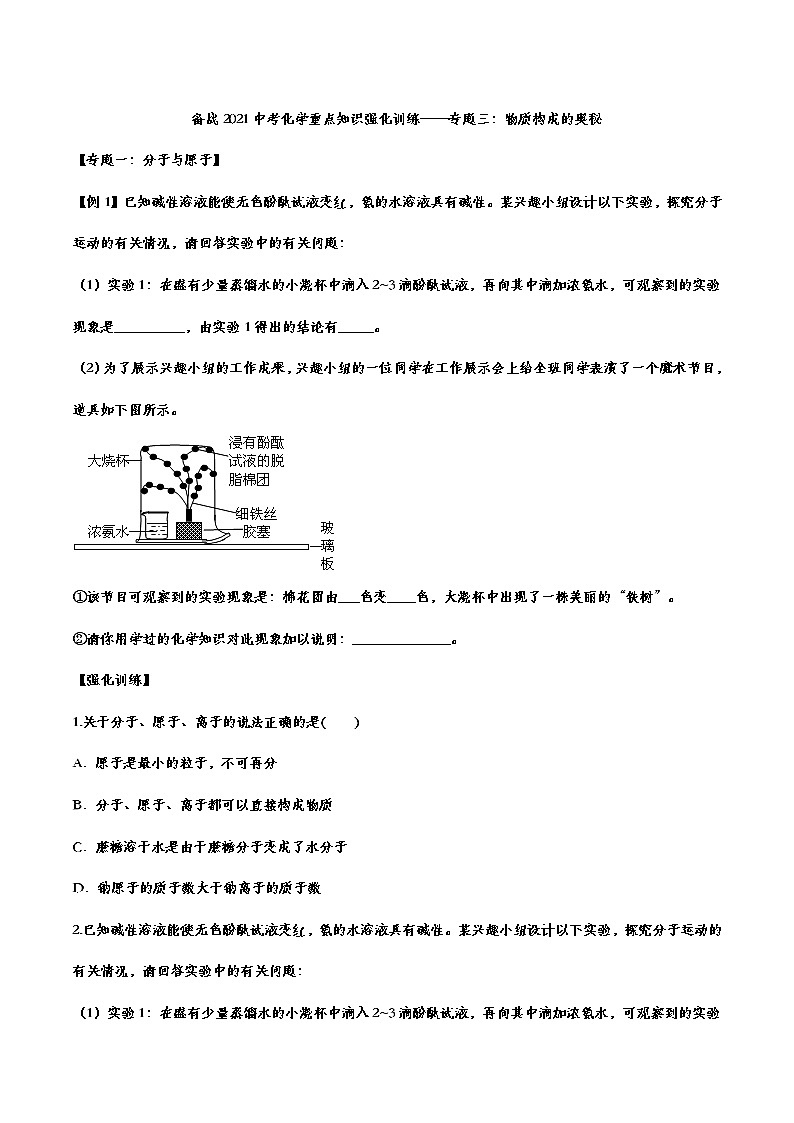 备战2021中考化学重点知识强化训练 专题三 物质构成的奥秘01