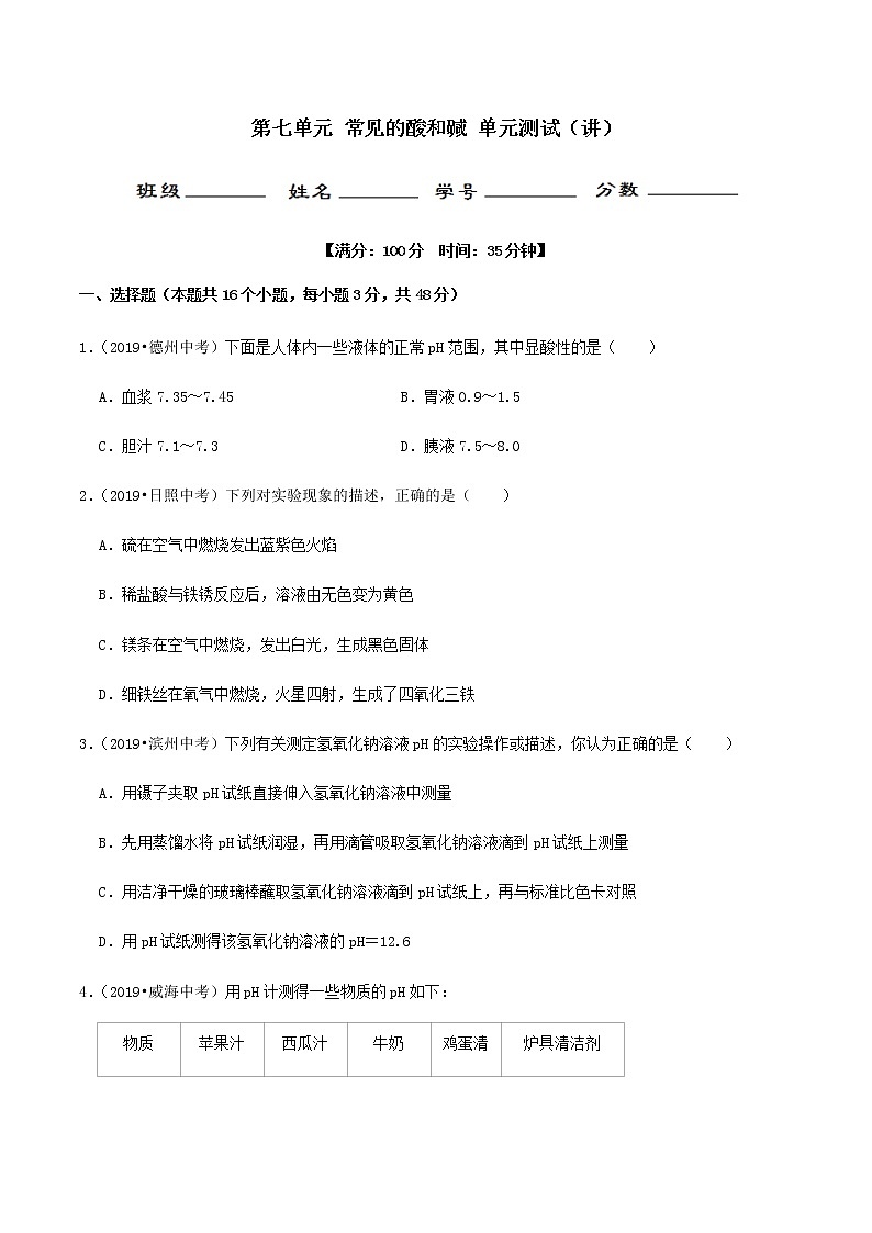鲁教版九年级化学下册 常见的酸和碱 单元测试卷（原卷及解析卷）01
