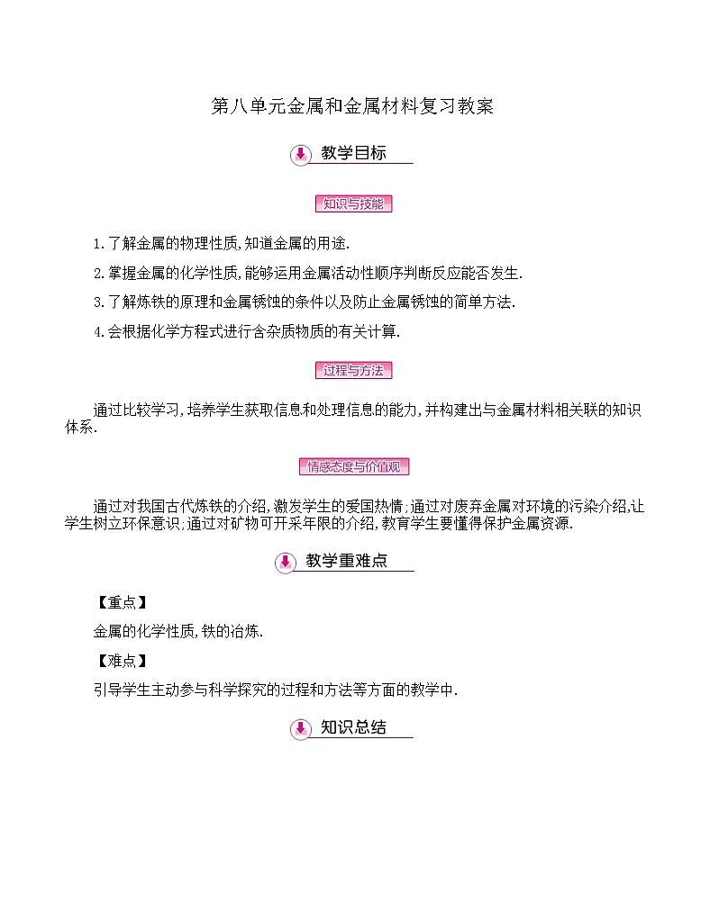初中九年级化学人教版(下册) 第八单元　金属和金属材料  第八单元金属和金属材料复习教案01