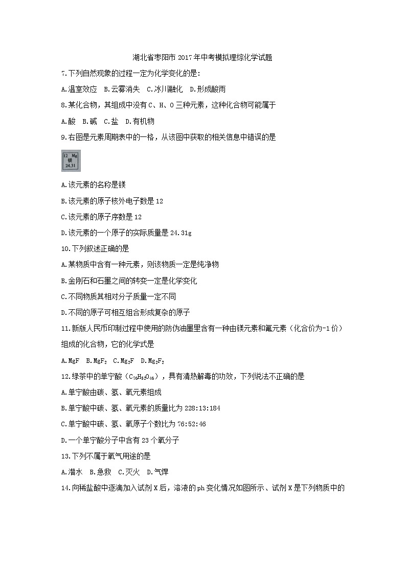 2017年湖北省枣阳市中考模拟理综化学试题01