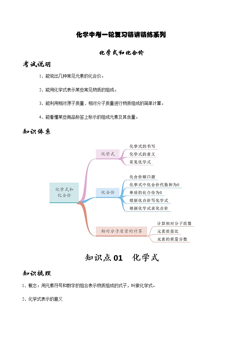 人教版化学中考一轮复习系列   化学式和化合价学案01