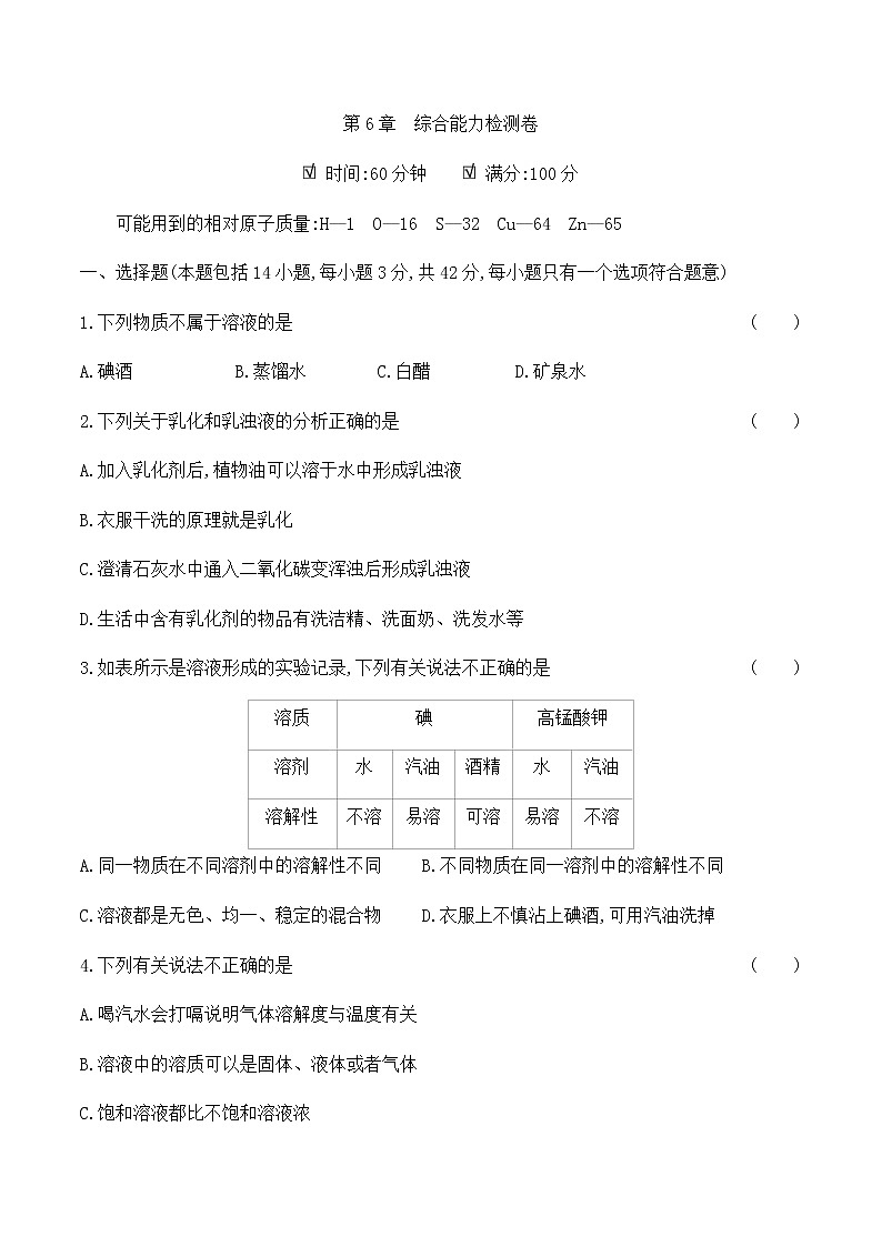 沪科版 初中化学 九年级(下册)  第6章综合能力检测卷01