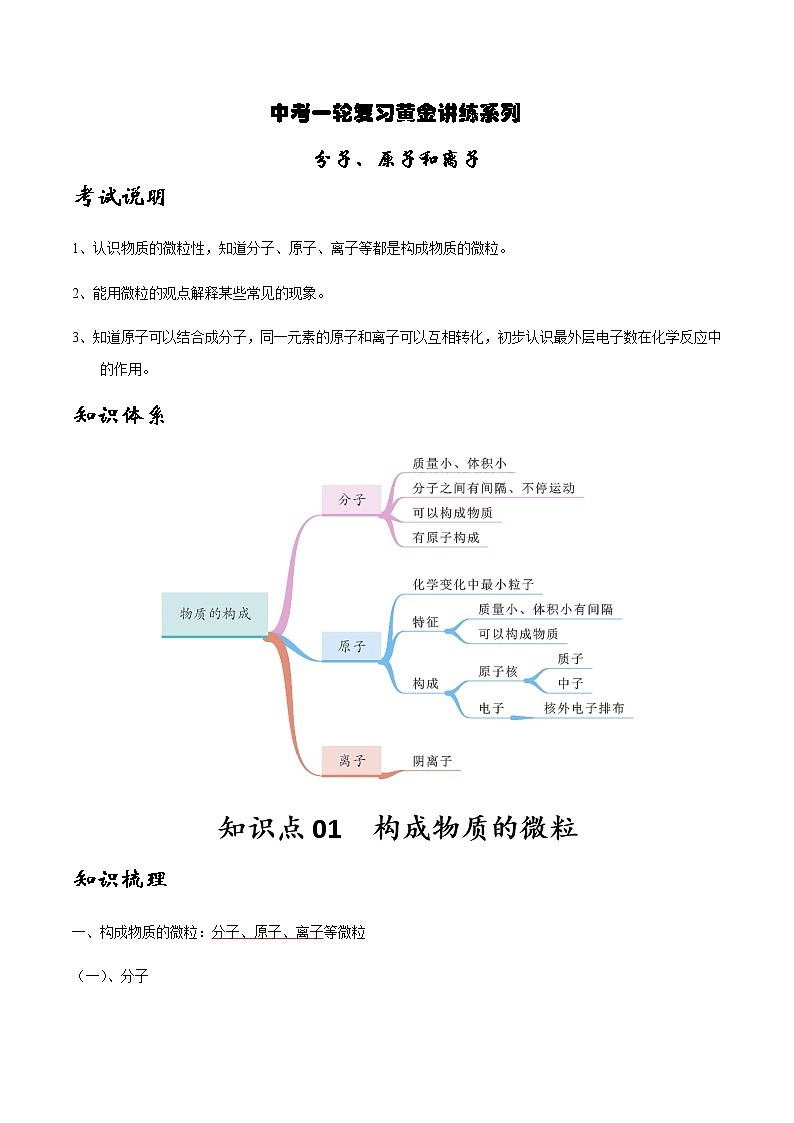 人教版化学中考一轮复习系列   分子、原子和离子学案01