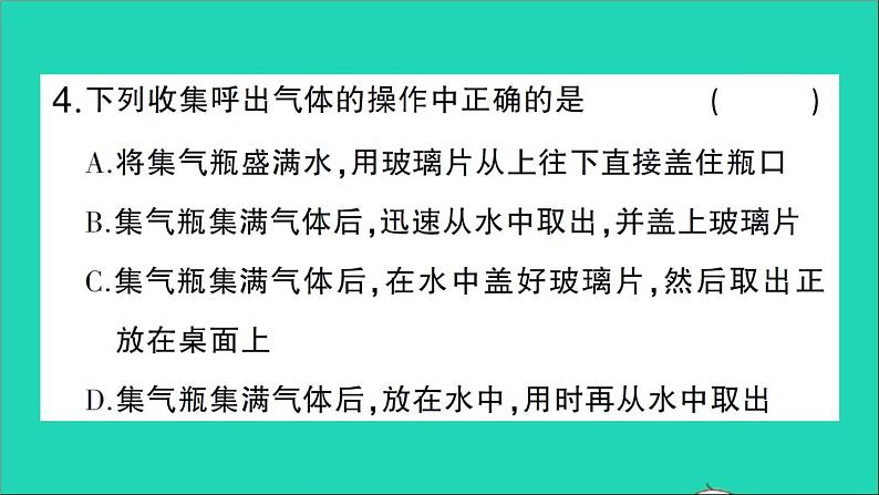 九年级化学上册第一单元走进化学世界课题2化学是一门以实验为基础的科学第2课时对人体吸入的空气和呼出的气体的探究作业课件新版新人教版202012021105第5页