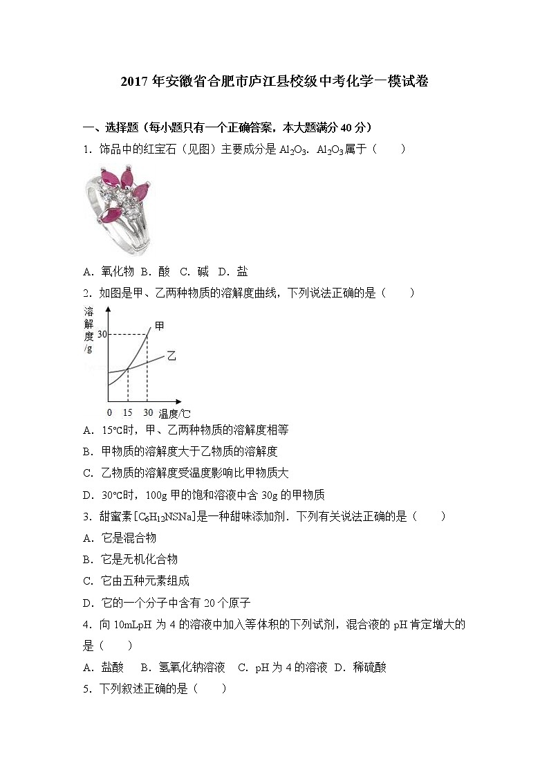 2017年安徽省合肥市庐江县校级中考化学一模试卷（解析版）第1页