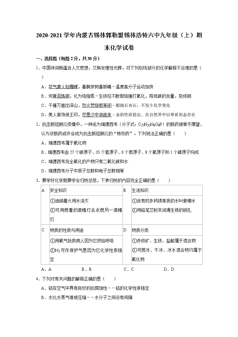 2020-2021学年内蒙古锡林郭勒盟锡林浩特六中九年级（上）期末化学试卷    解析版第1页
