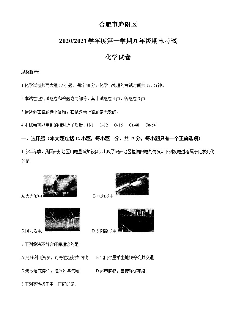 安徽省合肥市庐阳区2020-2021学年九年级上学期期末化学试题01
