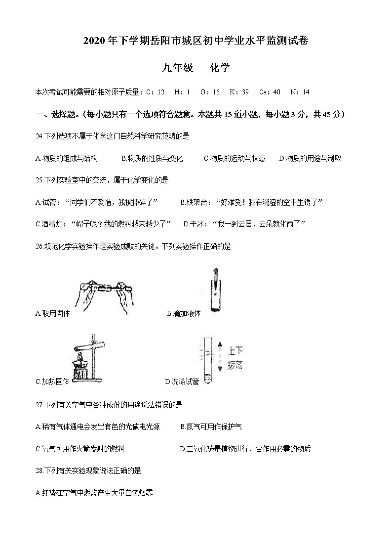 湖南省岳阳市城区2020-2021学年上学期九年级期末测试化学试题01