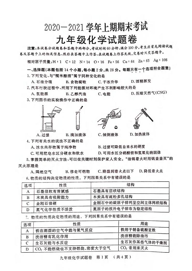 河南省郑州市2020-2021学年度上学期期末考试九年级化学试卷（含答案）第1页