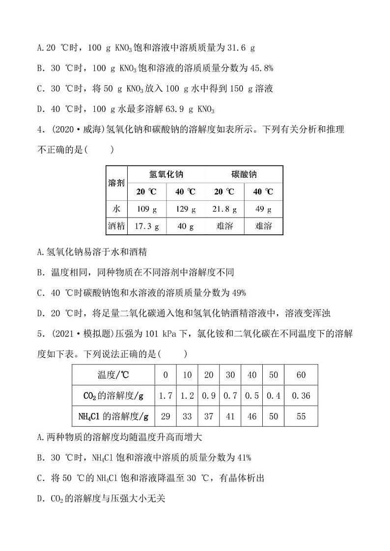 2021年春人教版九年级化学中考第一轮知识点过关训练   溶解度与溶解度曲线02