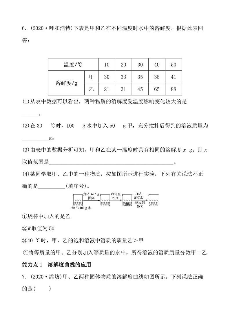 2021年春人教版九年级化学中考第一轮知识点过关训练   溶解度与溶解度曲线03