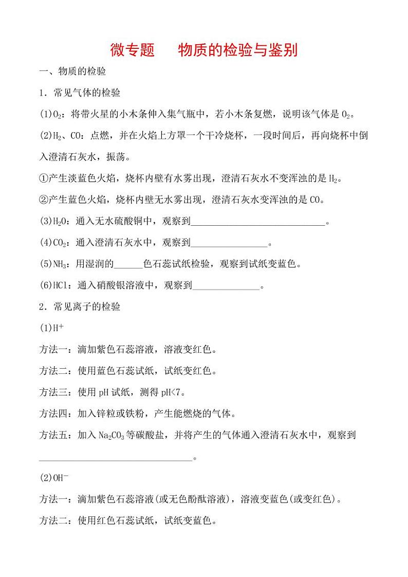 2021年春人教版九年级化学中考第一轮知识点过关训练  物质的检验与鉴别01