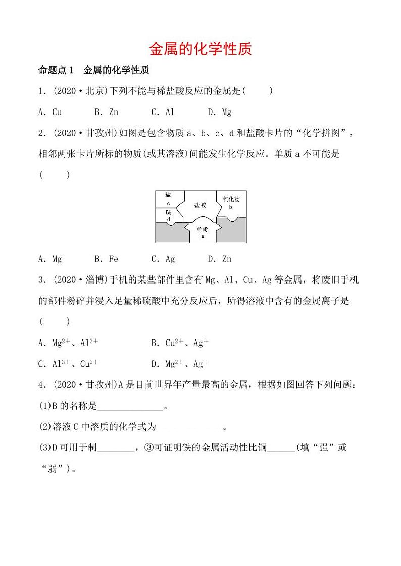 2021年春人教版九年级化学中考第一轮知识点过关训练    金属的化学性质01