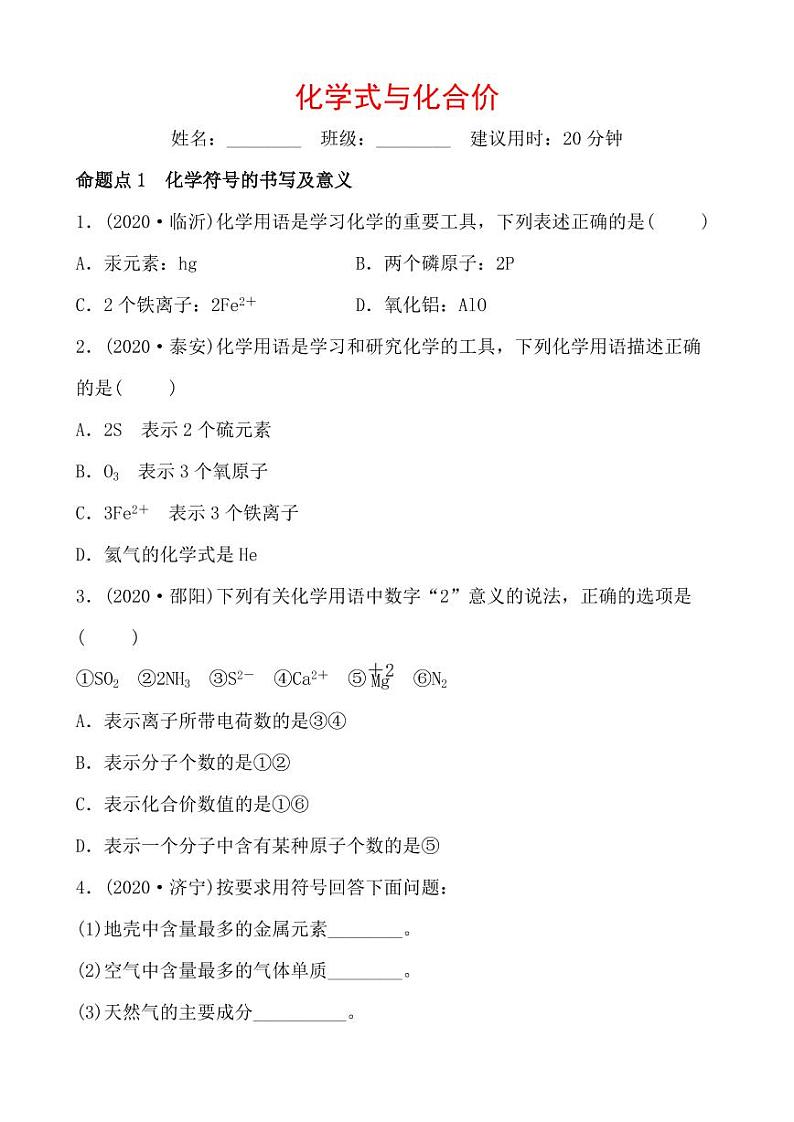 2021年春人教版九年级化学中考第一轮知识点过关训练   化学式与化合价01