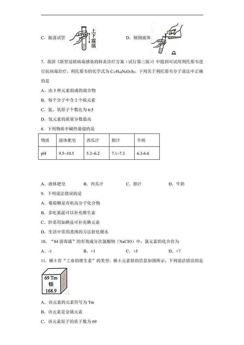 四川省自贡市2020年中考化学真题-含解析02