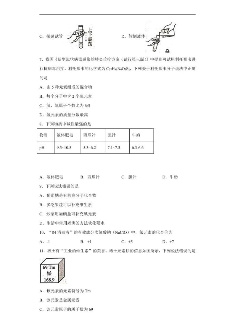 四川省自贡市2020年中考化学真题-含解析02