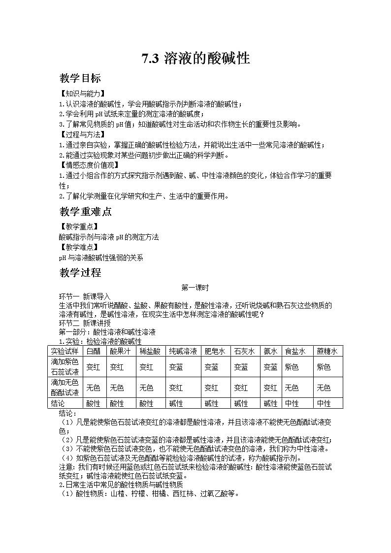 2020-2021学年九年级化学鲁教版下册7.3溶液的酸碱性教案01