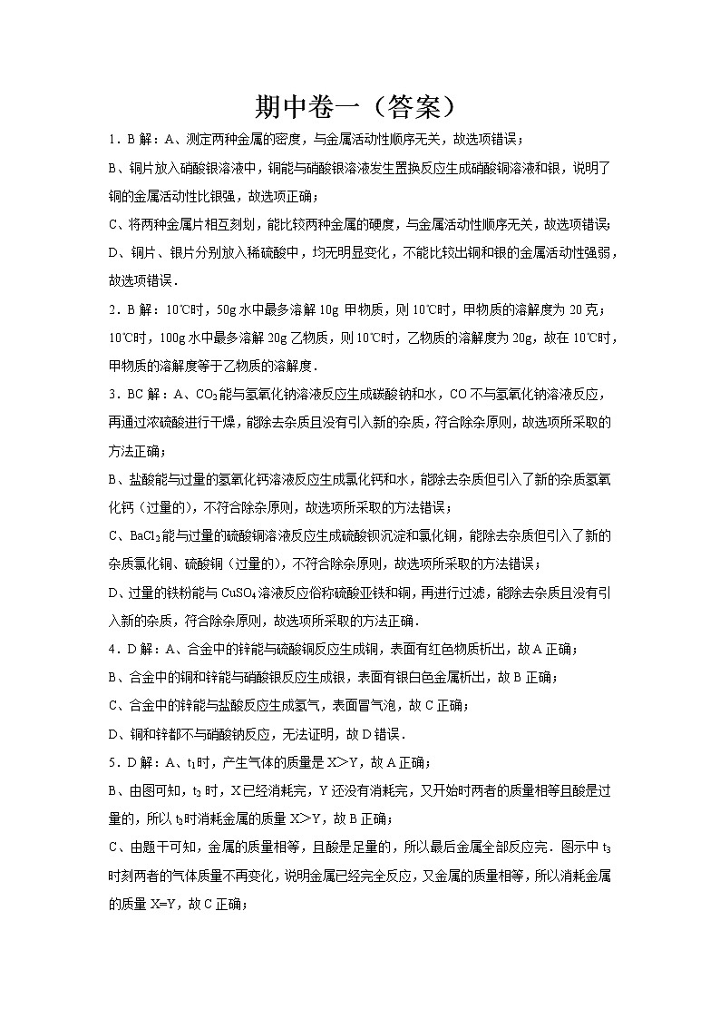 初中化学九年级下人教版期中卷一  答案01