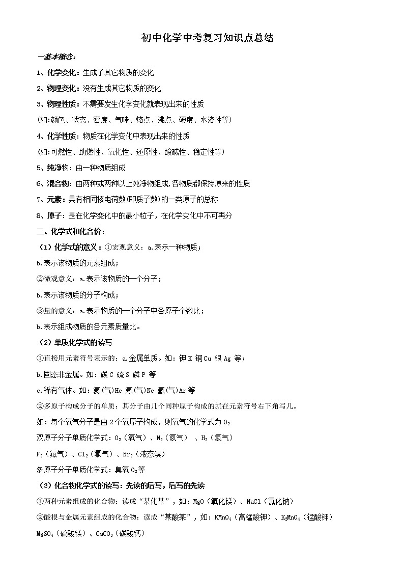 初中化学中考复习知识点总结01