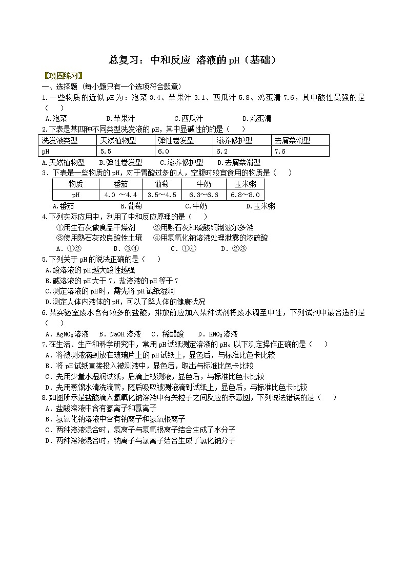 中考化学总复习：中和反应 溶液的pH（基础）练习 (含解析)01