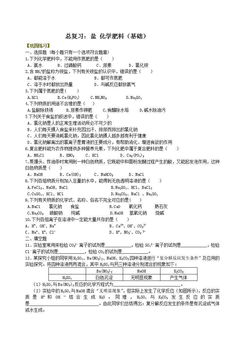 中考化学总复习：盐 化学肥料（基础）练习 (含解析)01
