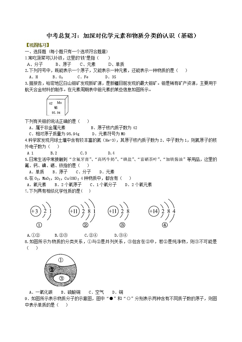 中考化学总复习：加深对化学元素和物质分类的认识（基础）练习 (含解析)01