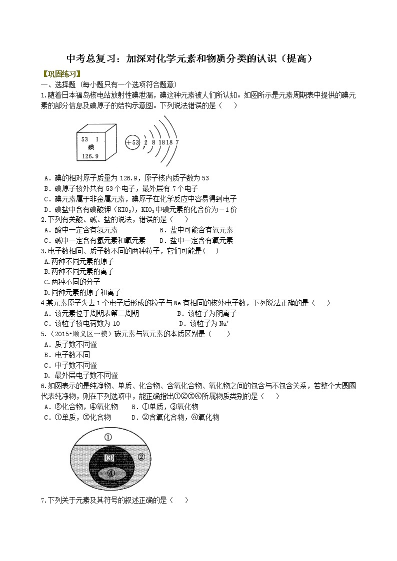 中考化学总复习：加深对化学元素和物质分类的认识（提高）练习 (含解析)01