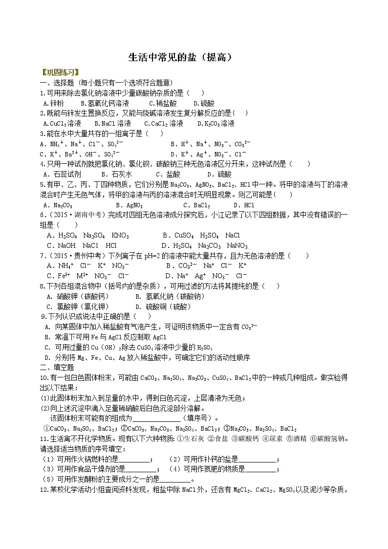 人教版初中九年级化学(下册)  第十一单元  课题1  生活中常见的盐（提高）练习 (含解析)01