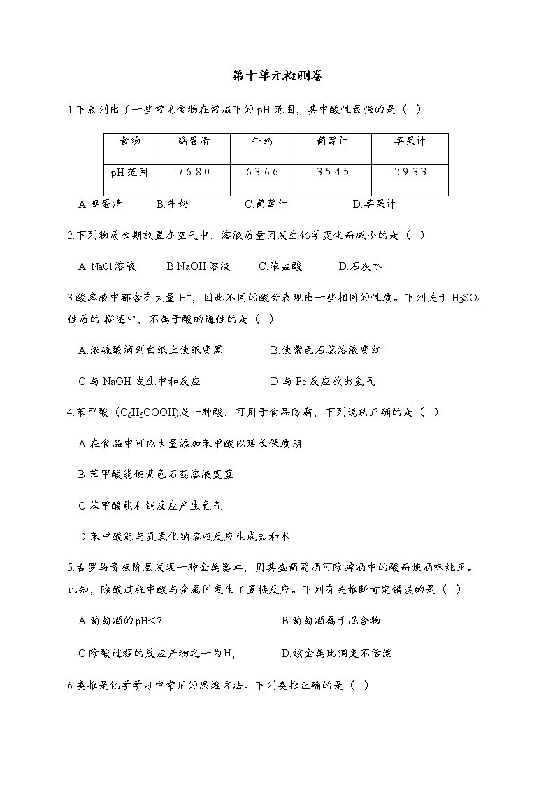第10单元 酸和碱 单元检测  2020-2021学年人教版九年级化学下册01