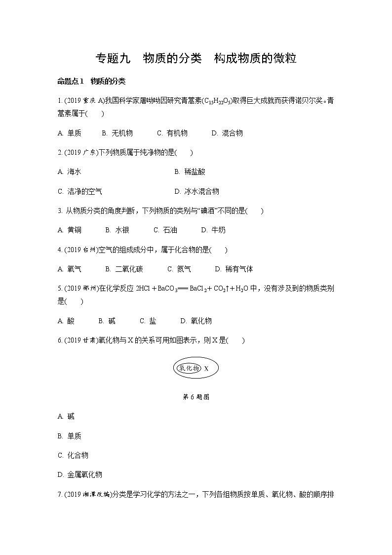 初中化学专题练习  专题九　物质的分类　构成物质的微粒练习（含解析）01