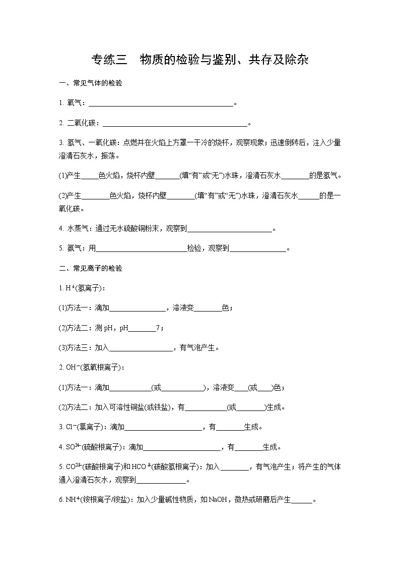 初中化学专题练习   专练三  物质的检验与鉴别、共存及除杂知识点复习（含解析）01