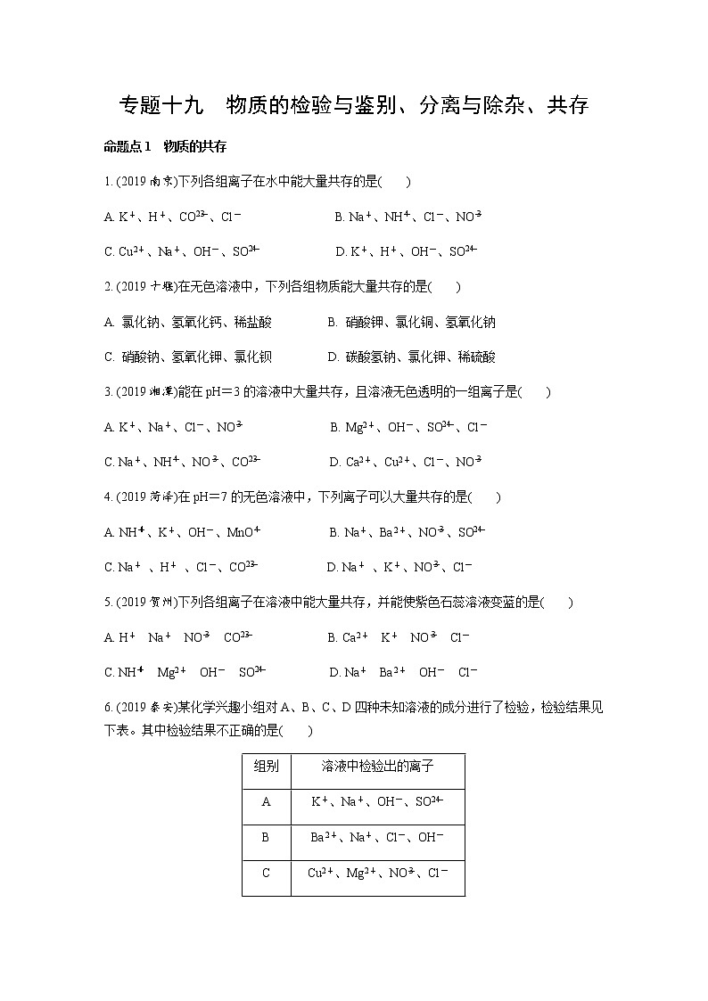 中考化学专题复习  专题十九　物质的检验与鉴别、分离与除杂、共存练习（含解析）01