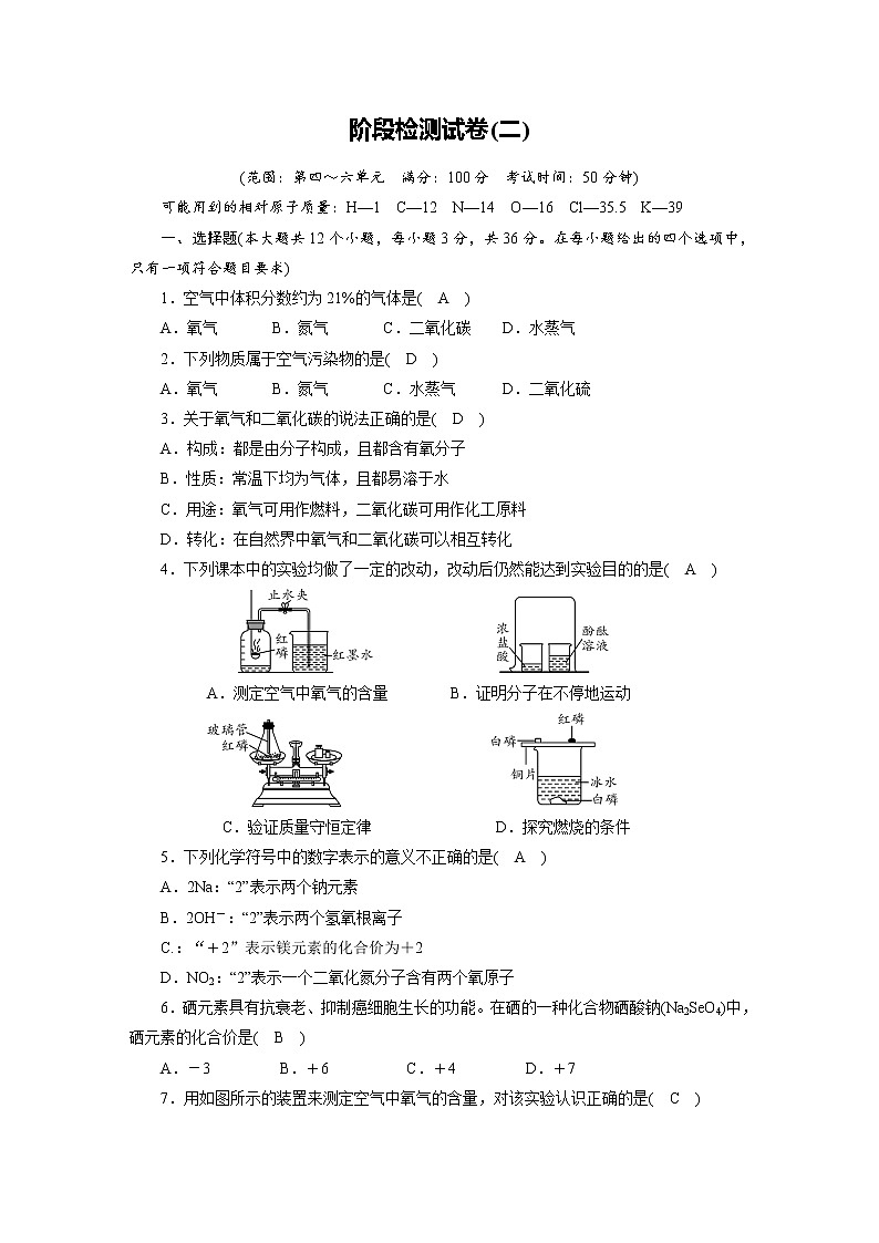 初中化学阶段复习  阶段检测试卷2（第4—6单元）含解析01