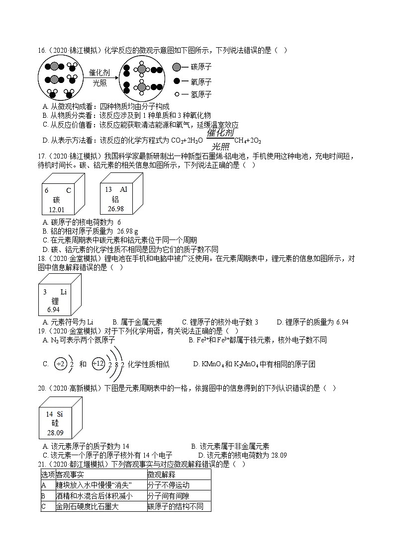 2020年全国各地化学中考模拟试题精选50题——分子、原子、元素（解析版）03
