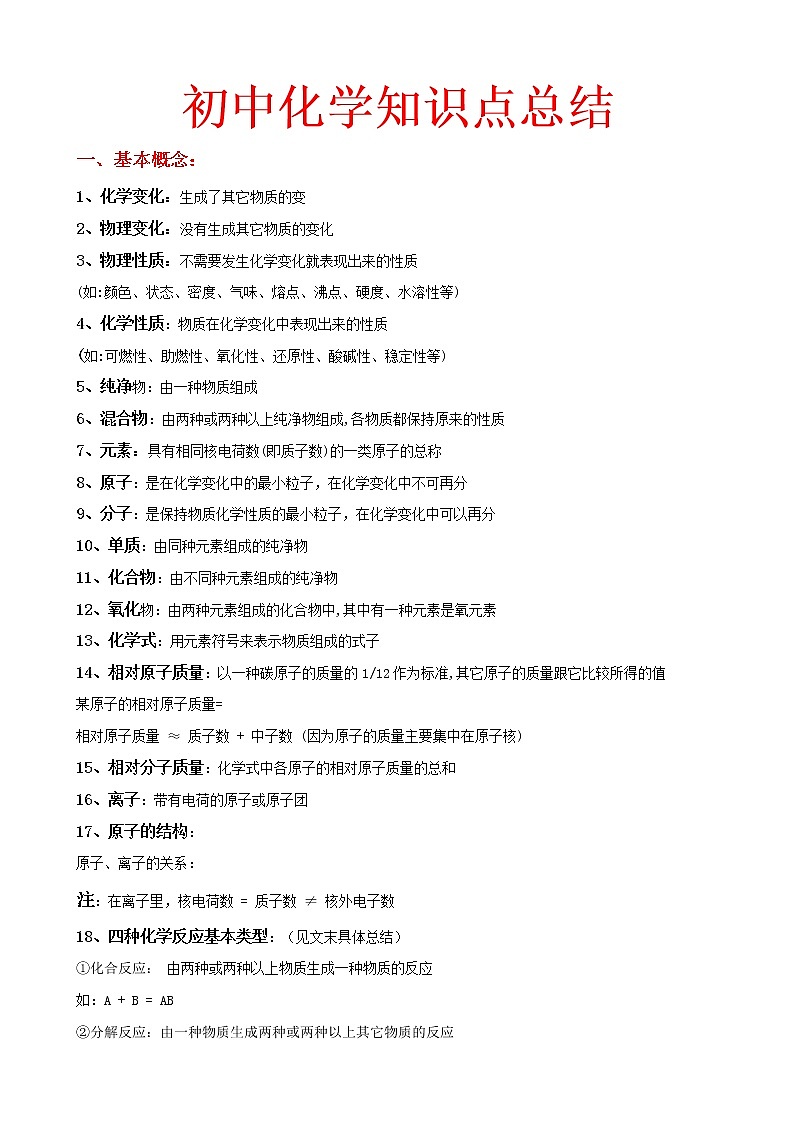 初中化学知识点总结(大全)(1)01