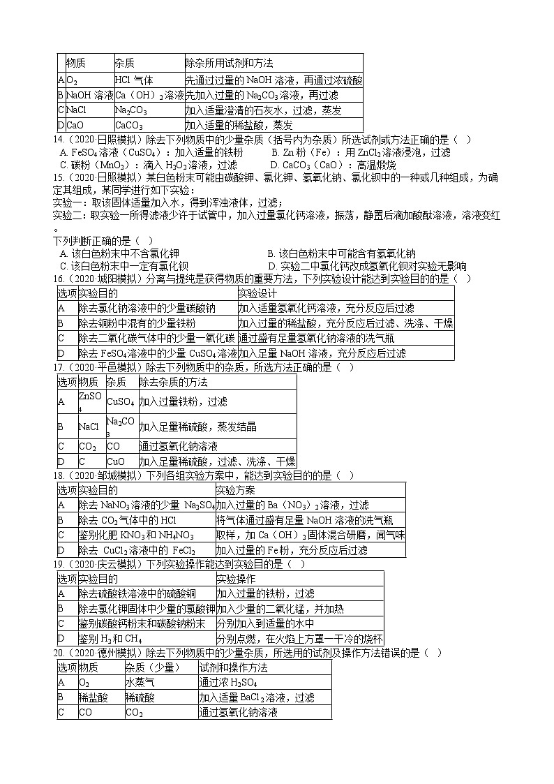 2020年全国各地化学中考模拟试题精选50题——物质除杂和鉴别（解析版）03