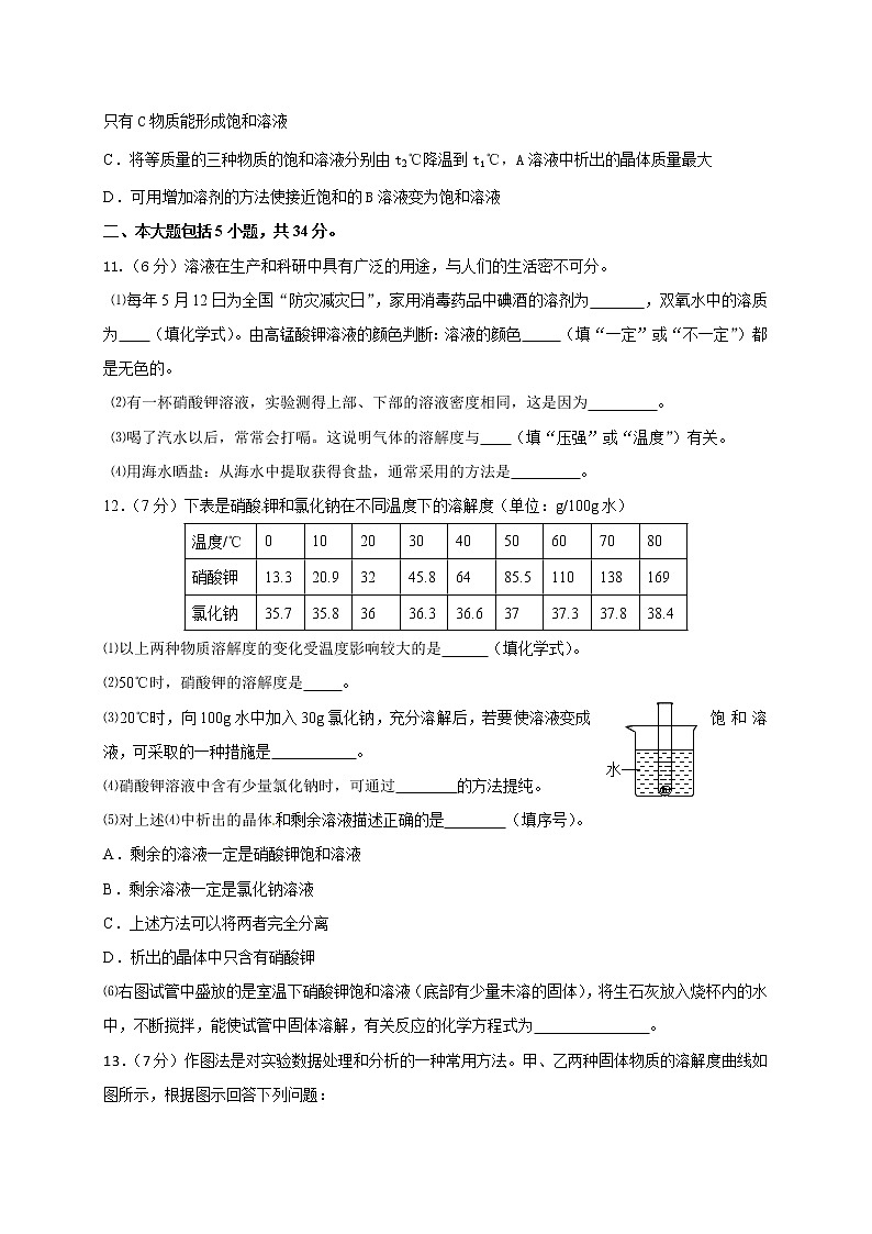 人教版九年级化学第一轮复习检测：6 溶液03