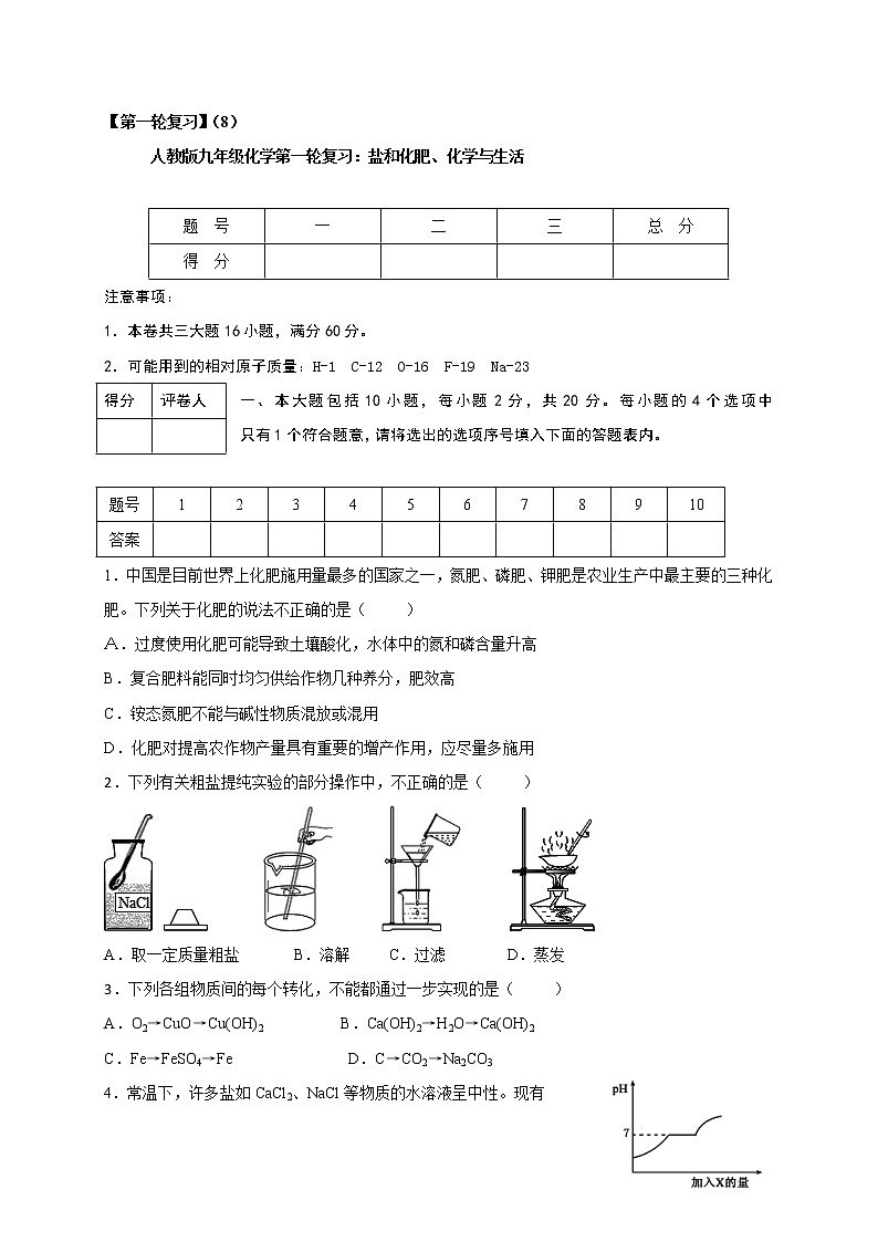 人教版九年级化学第一轮复习检测：8 盐和化肥、化学与生活01